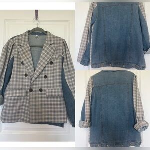 Plaid Double-Breasted Jacket with Denim Back - Gray/Blue